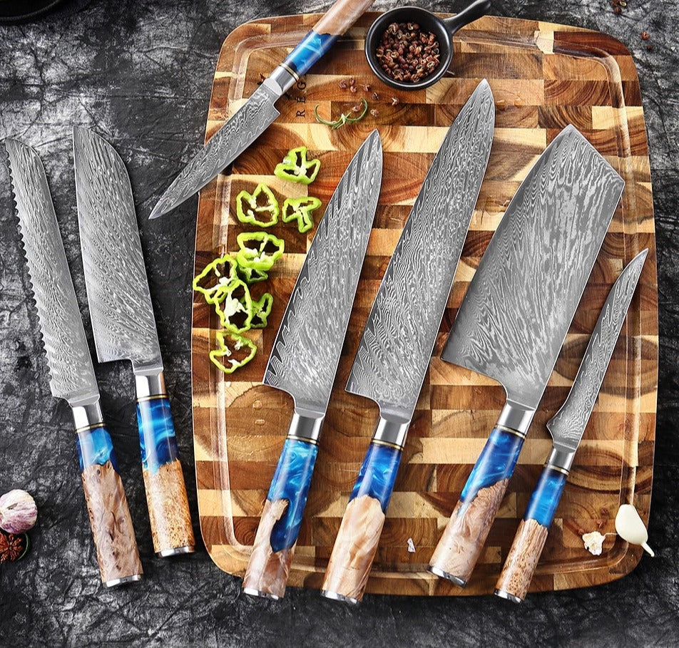 Kitchen Knives Set Damascus Steel VG10 Chef Knife Cleaver Paring Bread Knife Blue Resin Stabilised Wood Handle 1-7PCS Set