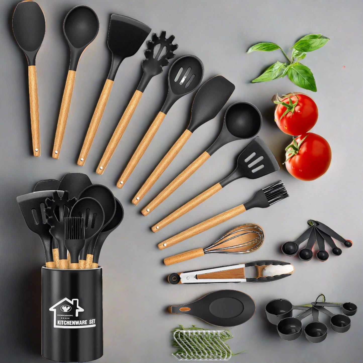 Silicone Cooking Set, 33 Piece Silicone Cooking Set, Non-Stick Heat Resistant, Durable Wooden Handle, Best Kitchen Utensils (Black)