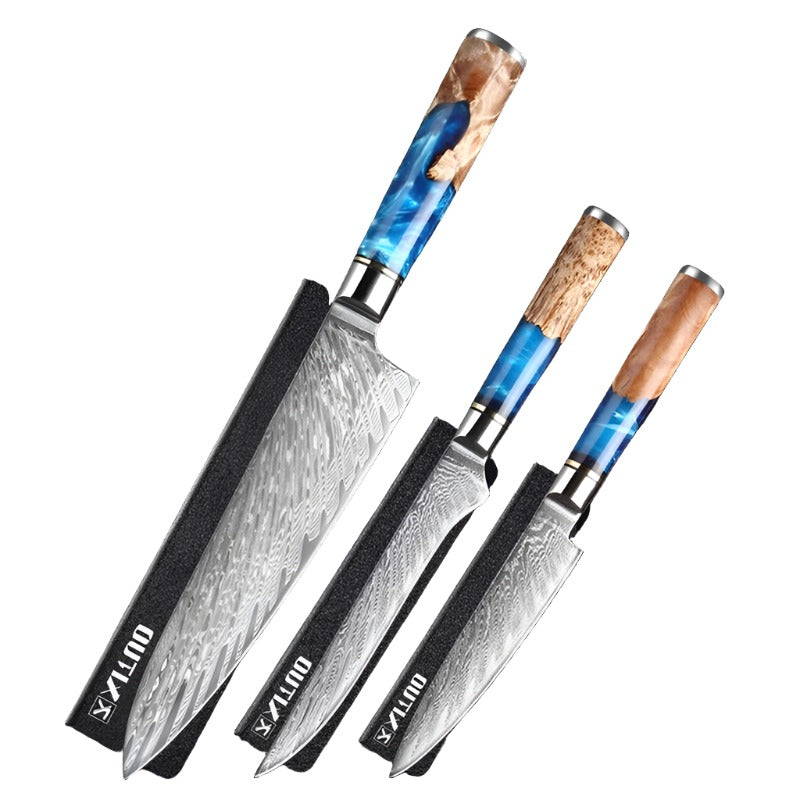 Kitchen Knives Set Damascus Steel VG10 Chef Knife Cleaver Paring Bread Knife Blue Resin Stabilised Wood Handle 1-7PCS Set