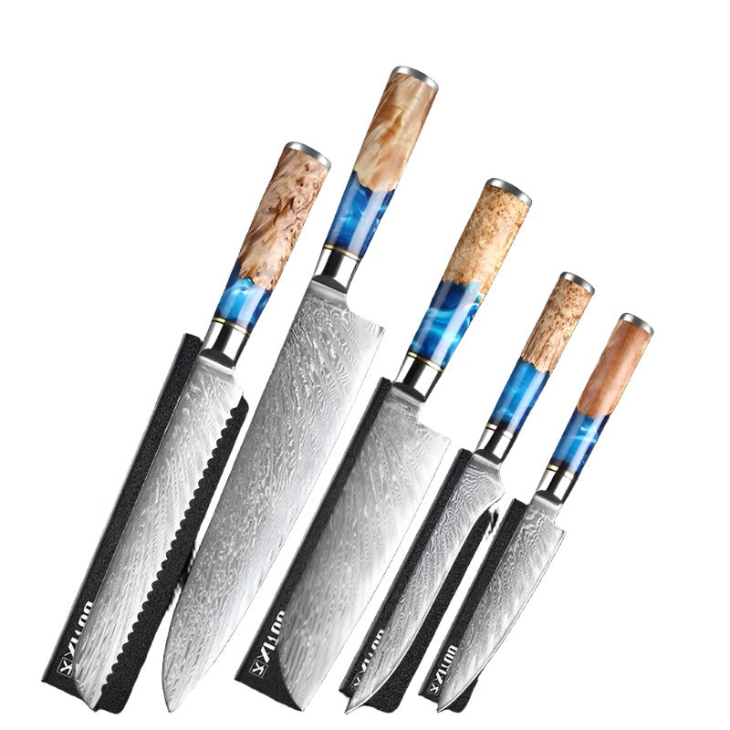 Kitchen Knives Set Damascus Steel VG10 Chef Knife Cleaver Paring Bread Knife Blue Resin Stabilised Wood Handle 1-7PCS Set