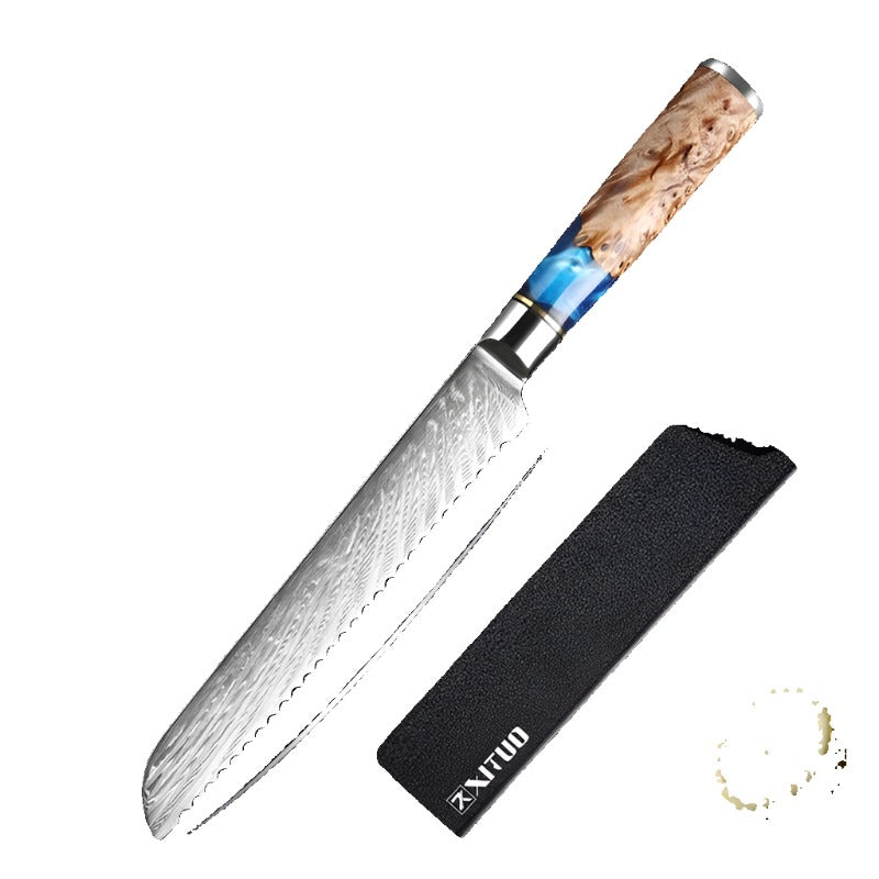 Kitchen Knives Set Damascus Steel VG10 Chef Knife Cleaver Paring Bread Knife Blue Resin Stabilised Wood Handle 1-7PCS Set