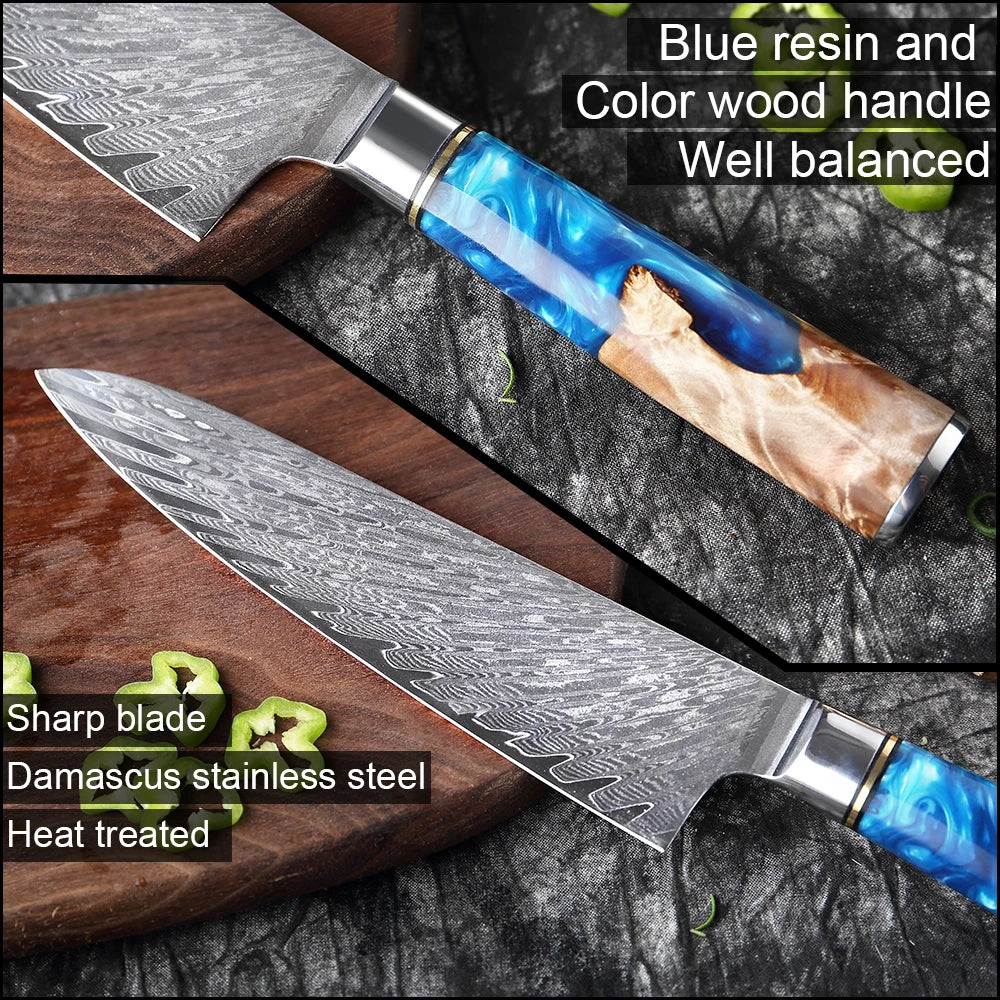 Kitchen Knives Set Damascus Steel VG10 Chef Knife Cleaver Paring Bread Knife Blue Resin Stabilised Wood Handle 1-7PCS Set