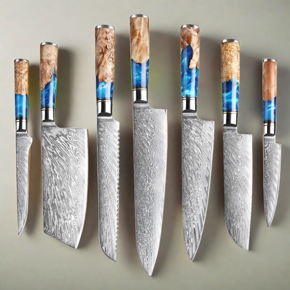 Kitchen Knives Set Damascus Steel VG10 Chef Knife Cleaver Paring Bread Knife Blue Resin Stabilised Wood Handle 1-7PCS Set