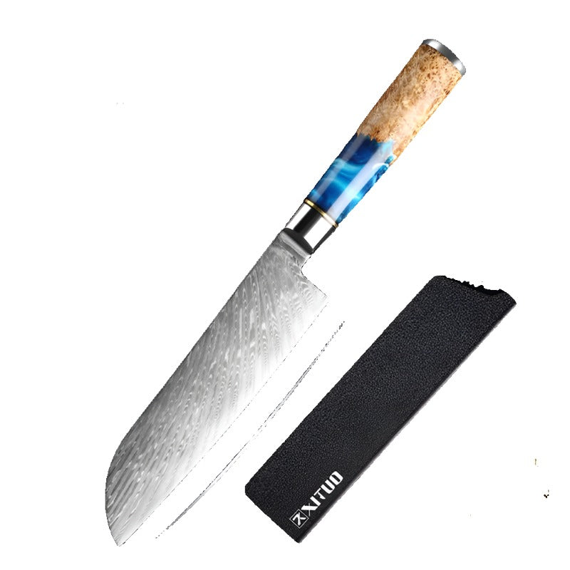 Kitchen Knives Set Damascus Steel VG10 Chef Knife Cleaver Paring Bread Knife Blue Resin Stabilised Wood Handle 1-7PCS Set