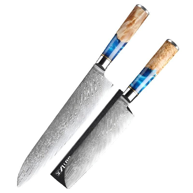 Kitchen Knives Set Damascus Steel VG10 Chef Knife Cleaver Paring Bread Knife Blue Resin Stabilised Wood Handle 1-7PCS Set