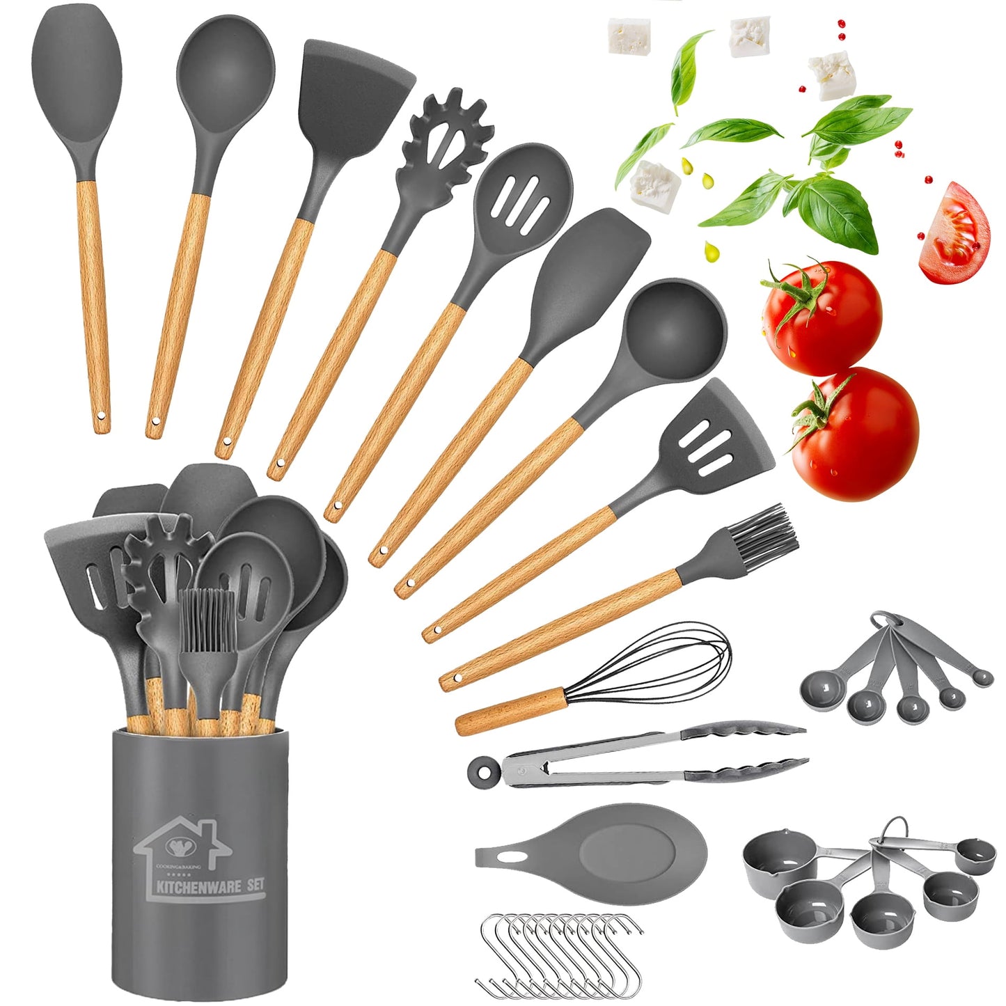 Silicone Cooking Set, 33 Piece Silicone Cooking Set, Non-Stick Heat Resistant, Durable Wooden Handle, Best Kitchen Utensils (Black)