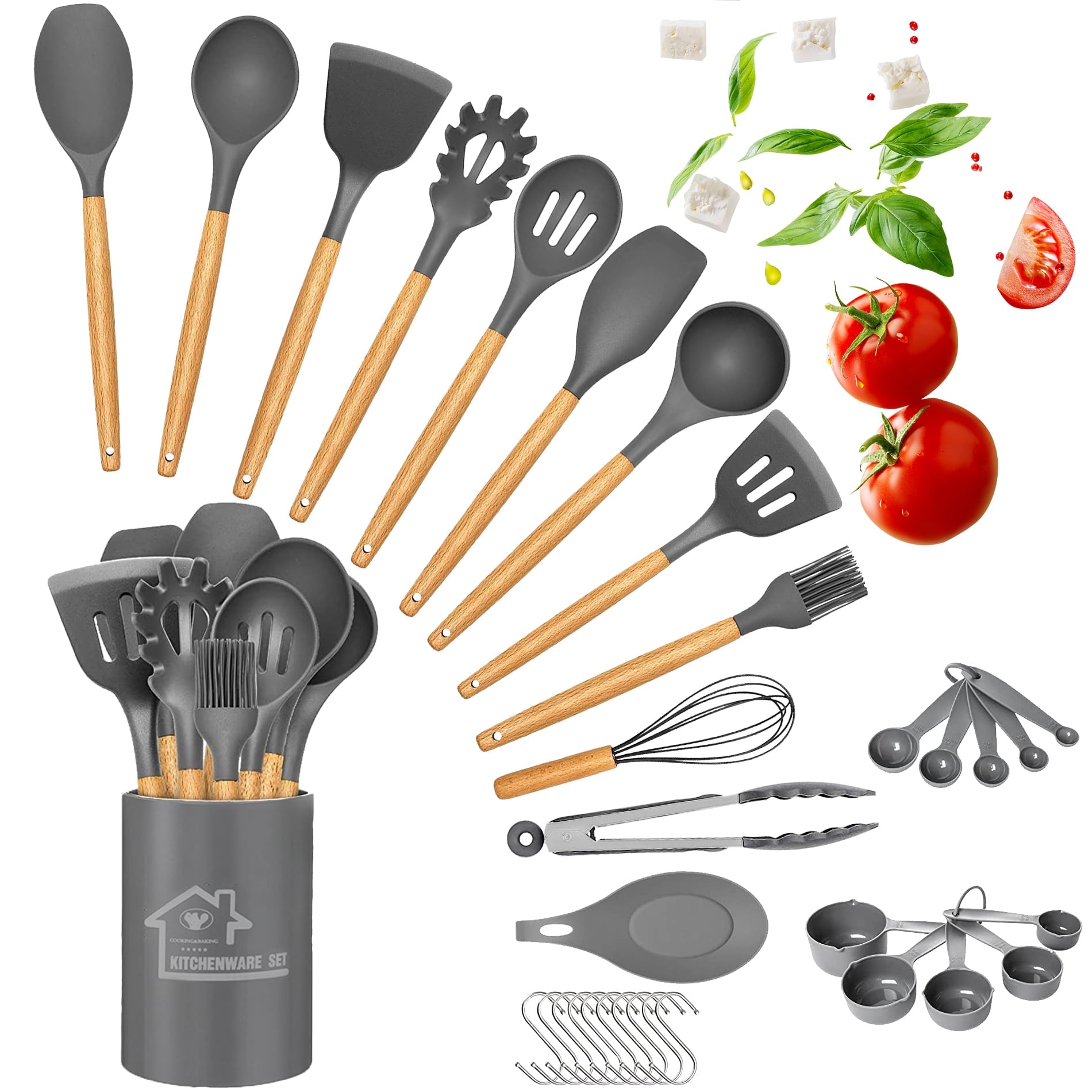 Silicone Cooking Set, 33 Piece Silicone Cooking Set, Non-Stick Heat Resistant, Durable Wooden Handle, Best Kitchen Utensils (Black)