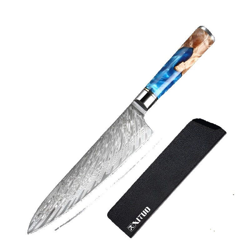 Kitchen Knives Set Damascus Steel VG10 Chef Knife Cleaver Paring Bread Knife Blue Resin Stabilised Wood Handle 1-7PCS Set