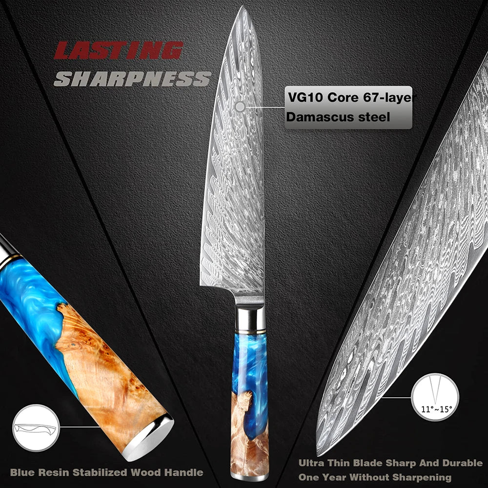 Kitchen Knives Set Damascus Steel VG10 Chef Knife Cleaver Paring Bread Knife Blue Resin Stabilised Wood Handle 1-7PCS Set