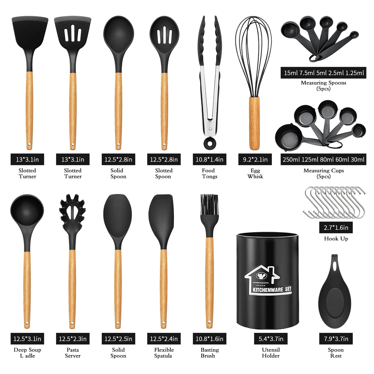 Silicone Cooking Set, 33 Piece Silicone Cooking Set, Non-Stick Heat Resistant, Durable Wooden Handle, Best Kitchen Utensils (Black)