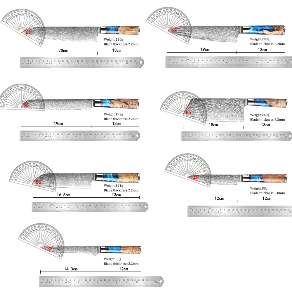 Kitchen Knives Set Damascus Steel VG10 Chef Knife Cleaver Paring Bread Knife Blue Resin Stabilised Wood Handle 1-7PCS Set