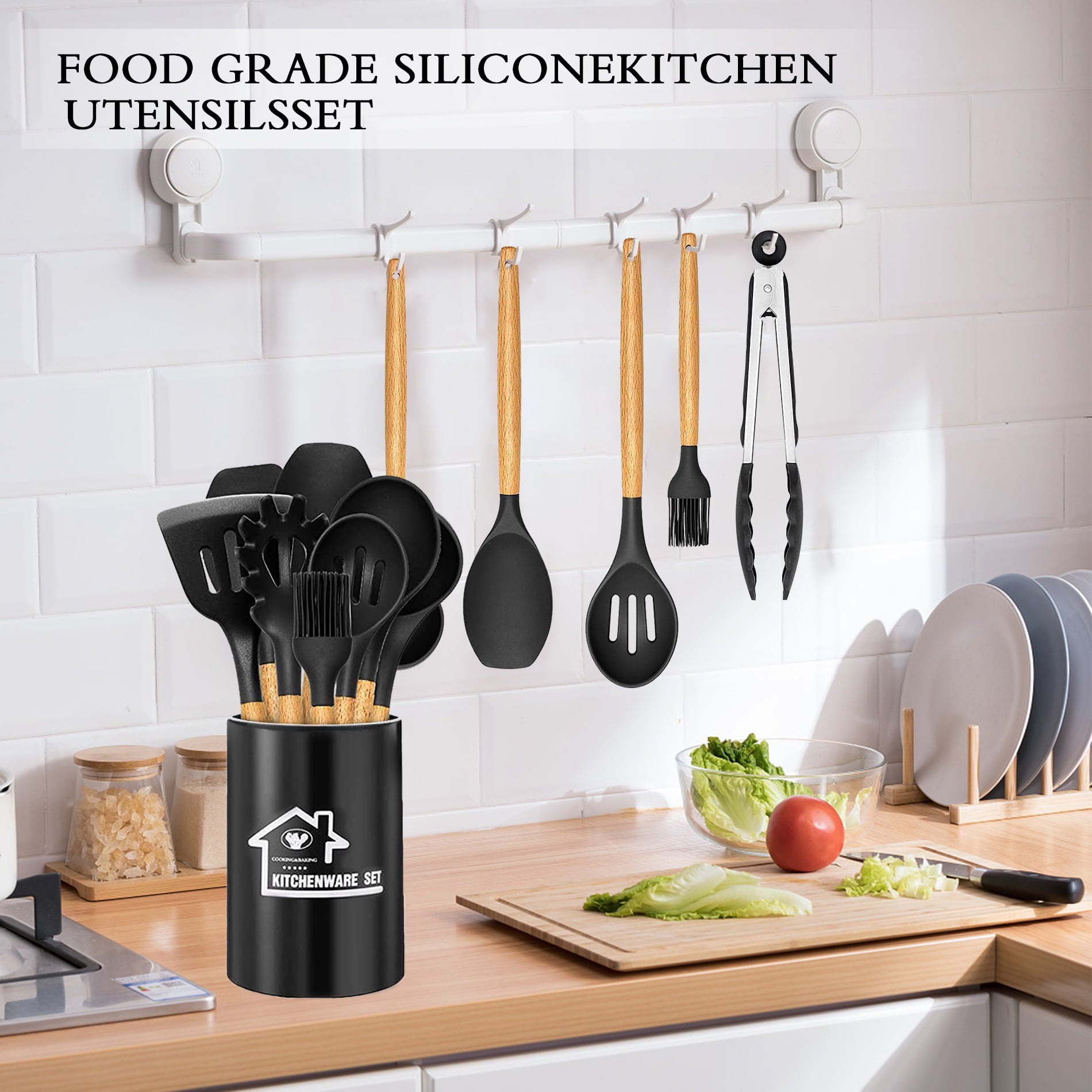 Silicone Cooking Set, 33 Piece Silicone Cooking Set, Non-Stick Heat Resistant, Durable Wooden Handle, Best Kitchen Utensils (Black)