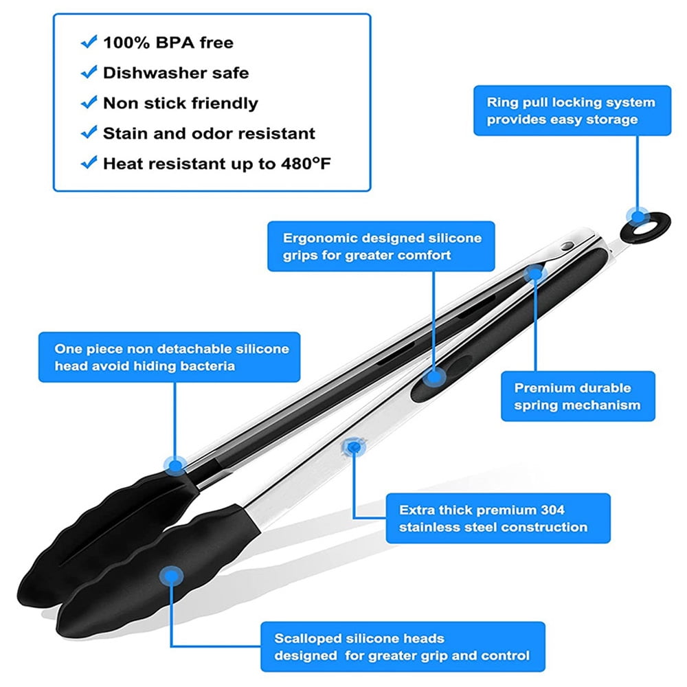 Set of 7" 9" and 12" Kitchen Tongs 