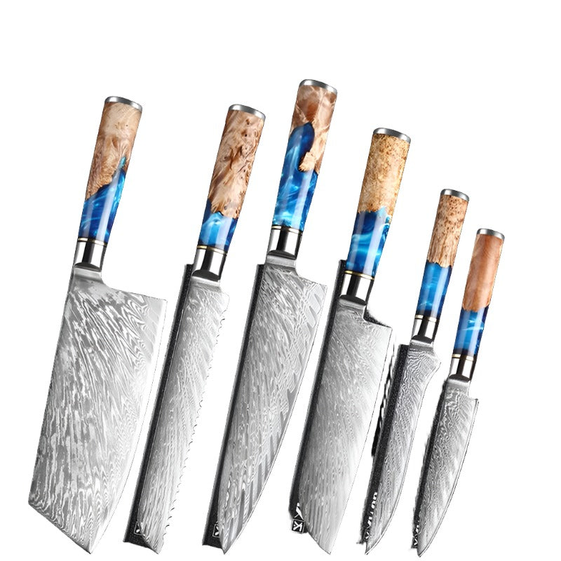 Kitchen Knives Set Damascus Steel VG10 Chef Knife Cleaver Paring Bread Knife Blue Resin Stabilised Wood Handle 1-7PCS Set