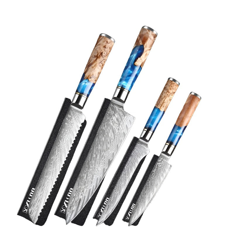 Kitchen Knives Set Damascus Steel VG10 Chef Knife Cleaver Paring Bread Knife Blue Resin Stabilised Wood Handle 1-7PCS Set