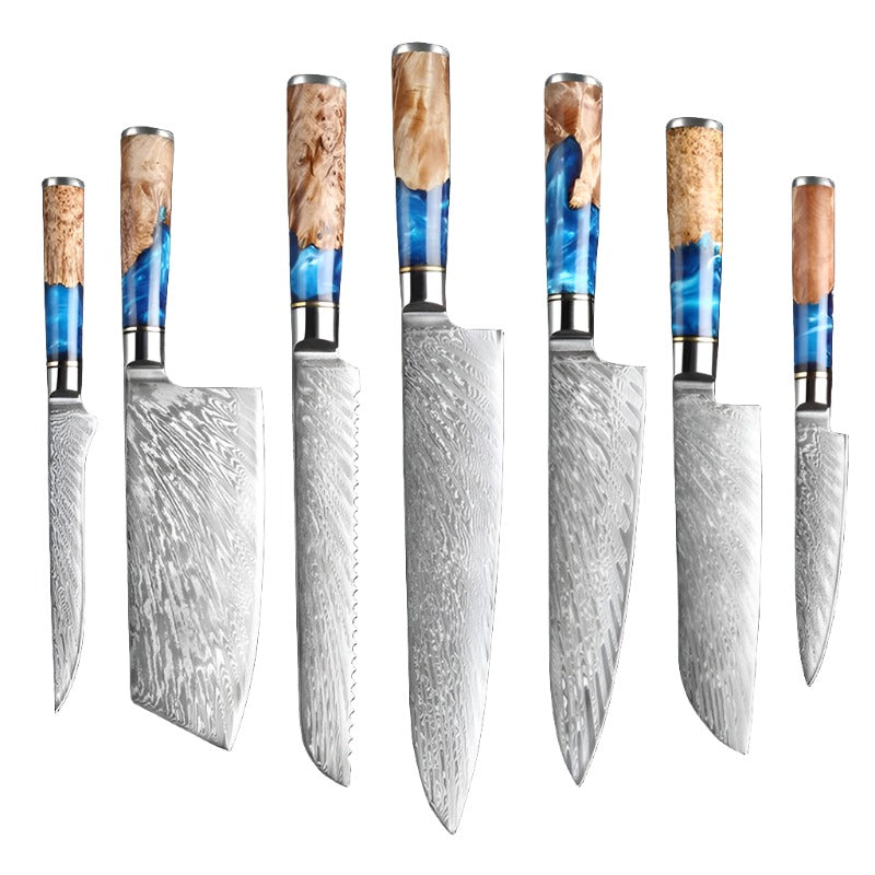 Kitchen Knives Set Damascus Steel VG10 Chef Knife Cleaver Paring Bread Knife Blue Resin Stabilised Wood Handle 1-7PCS Set